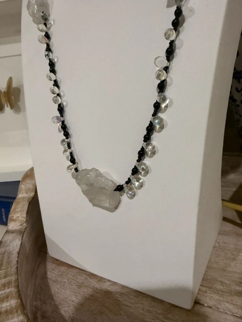 Long Black Beaded Necklace With Rock Crystal and Iridescent Beading